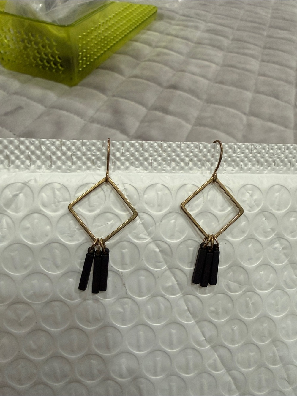 Gold Geometric Drop Earrings with Black Tassels